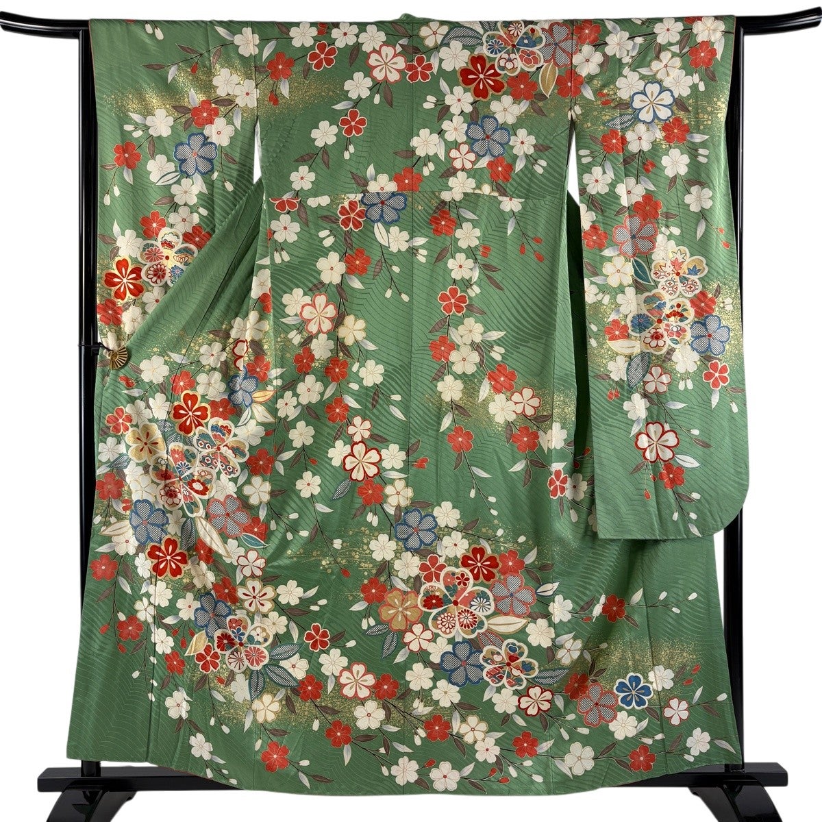 振袖 身丈166cm 裄丈68.5cm L 袷 草花 ハープ 金銀彩 茶緑色 正絹 秀品
