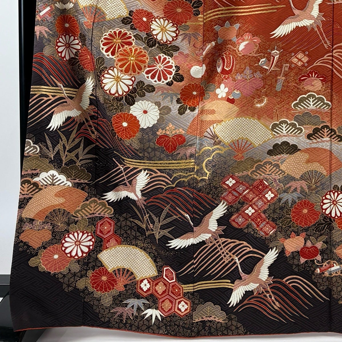 振袖 身丈166.5cm 裄丈71cm L 袷 菊 鶴 金糸 金彩 赤茶 正絹 秀品