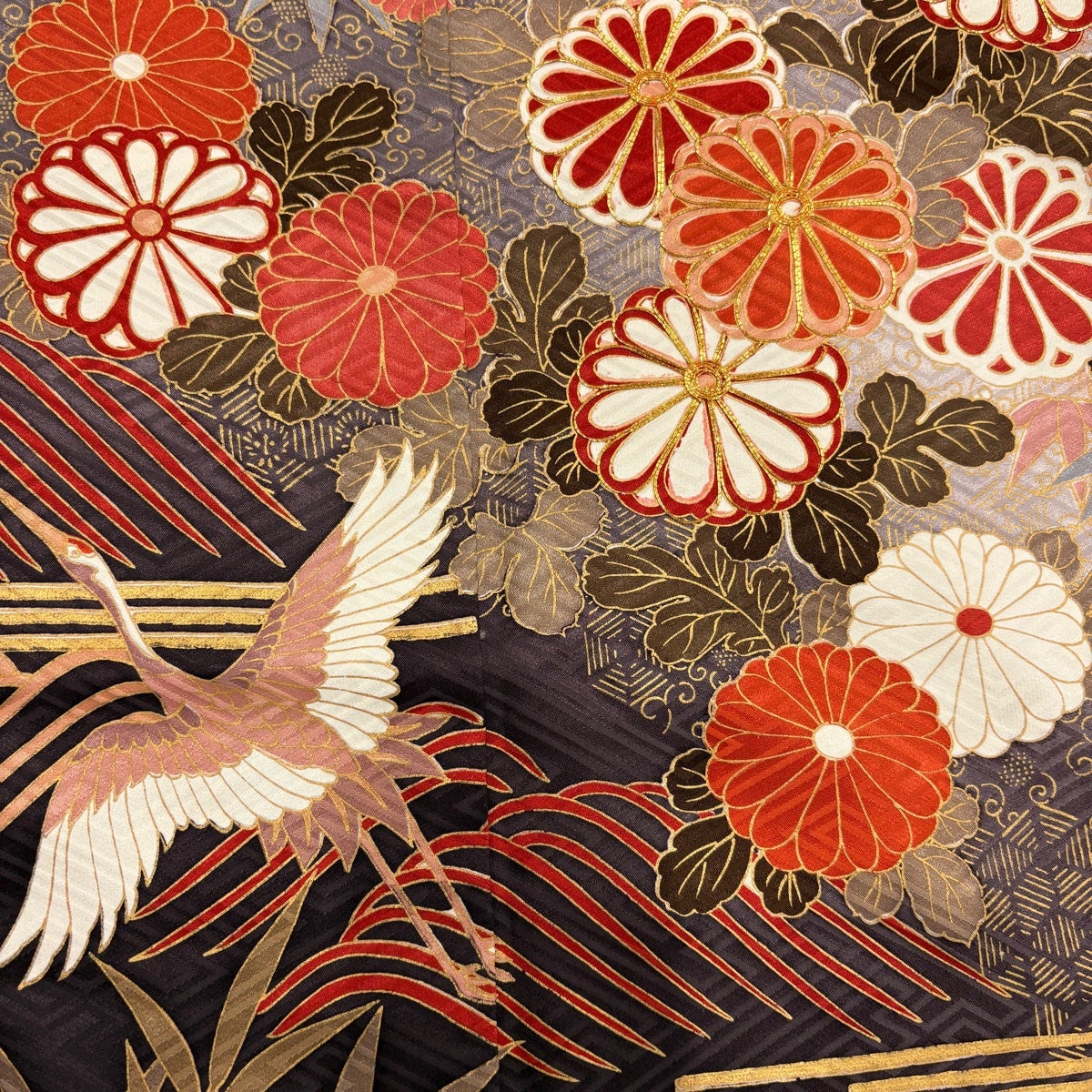 振袖 身丈166.5cm 裄丈71cm L 袷 菊 鶴 金糸 金彩 赤茶 正絹 秀品