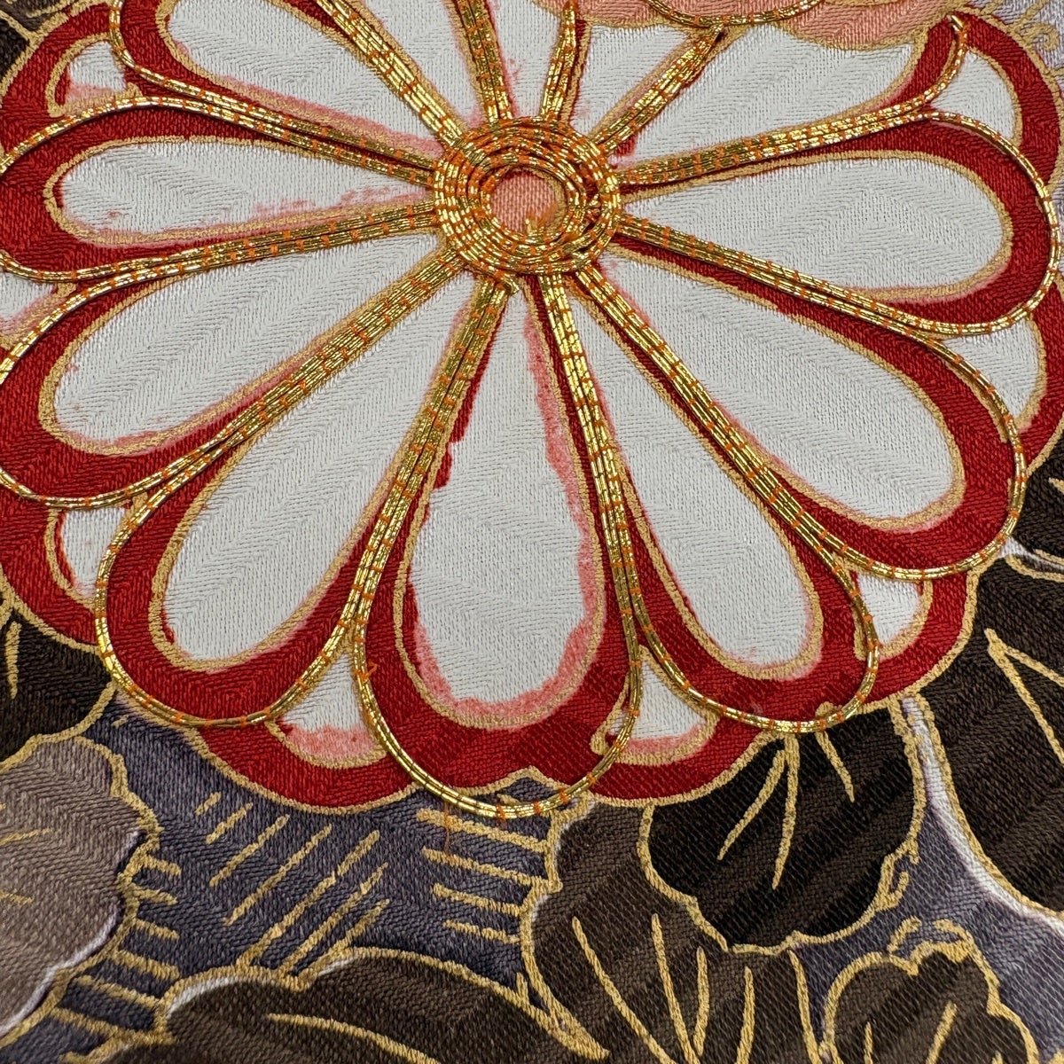 振袖 身丈166.5cm 裄丈71cm L 袷 菊 鶴 金糸 金彩 赤茶 正絹 秀品