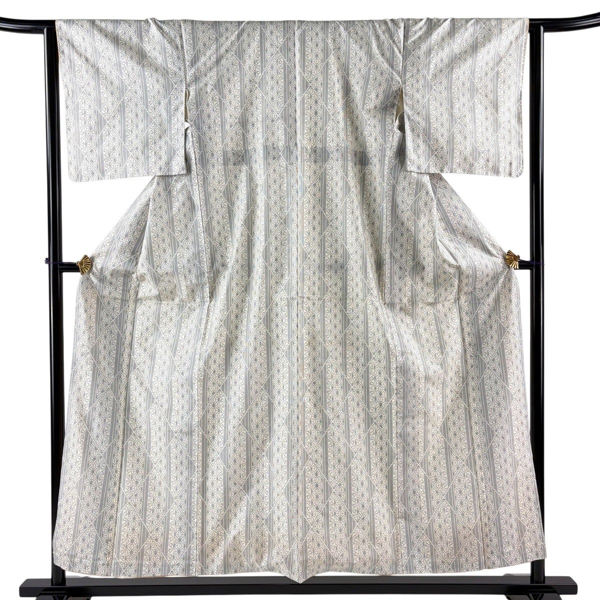 紬 身丈154.5cm 裄丈64.5cm M 袷 バチ衿 縦縞 斜め格子 灰白 正絹 秀品