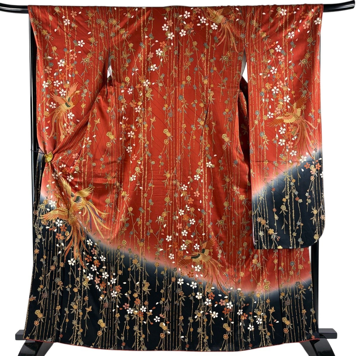 振袖 身丈163cm 裄丈68.5cm L 袷 尾長鳥 桜 金糸 金彩 茜色 正絹 秀品