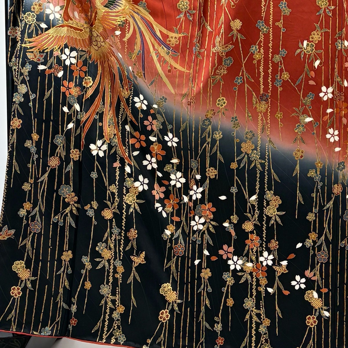 振袖 身丈163cm 裄丈68.5cm L 袷 尾長鳥 桜 金糸 金彩 茜色 正絹 秀品