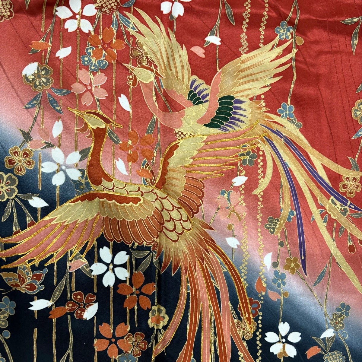 振袖 身丈163cm 裄丈68.5cm L 袷 尾長鳥 桜 金糸 金彩 茜色 正絹 秀品