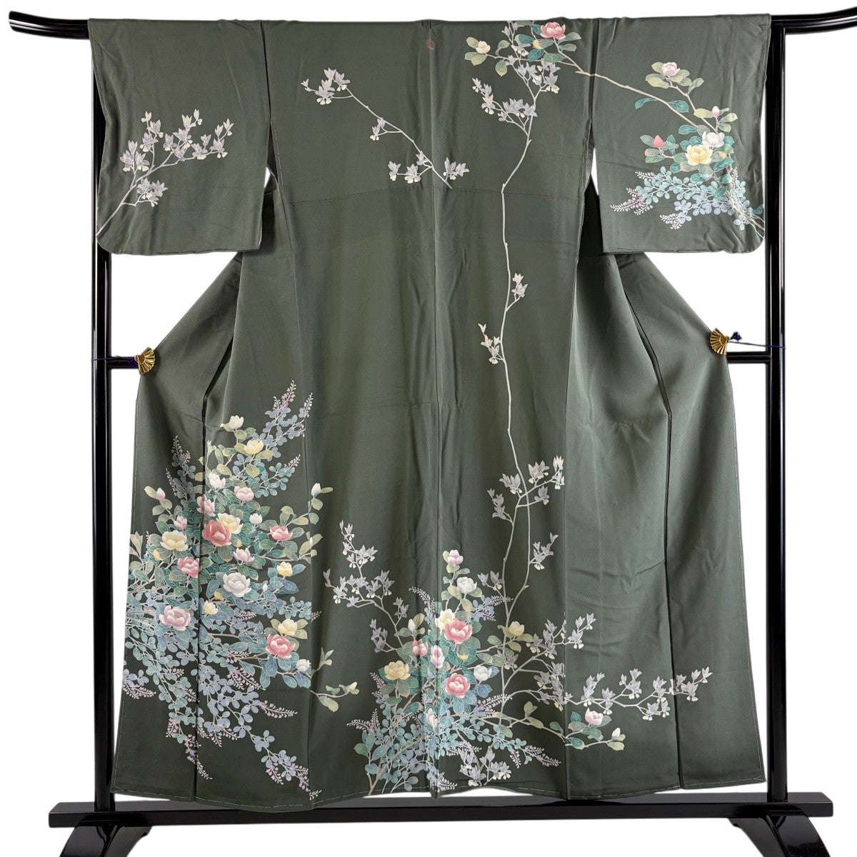 付下げ 身丈157cm 裄丈65cm M 袷 菊 萩 金糸 刺繍 灰緑 正絹 秀品