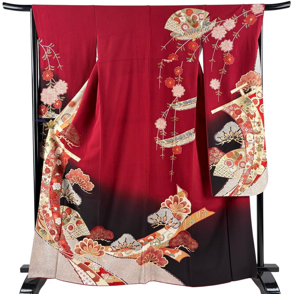 振袖 身丈168.5cm 裄丈70cm L 袷 花車 松 絞り 刺繍 赤 正絹 秀品