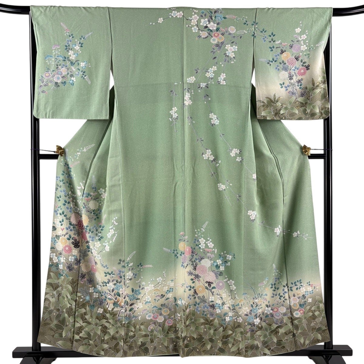 訪問着 身丈163cm 裄丈63.5cm S 袷 草花 鴛鴦 染め分け ぼかし 薄緑