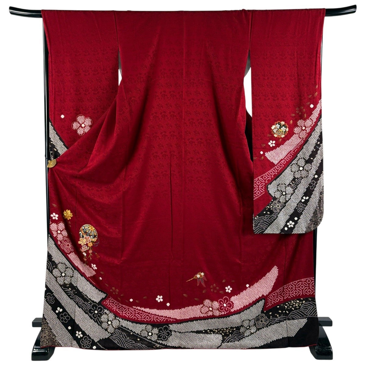 振袖 身丈170.5cm 裄丈66.5cm M 袷 手鞠 桜 金糸 刺繍 赤 正絹 秀品