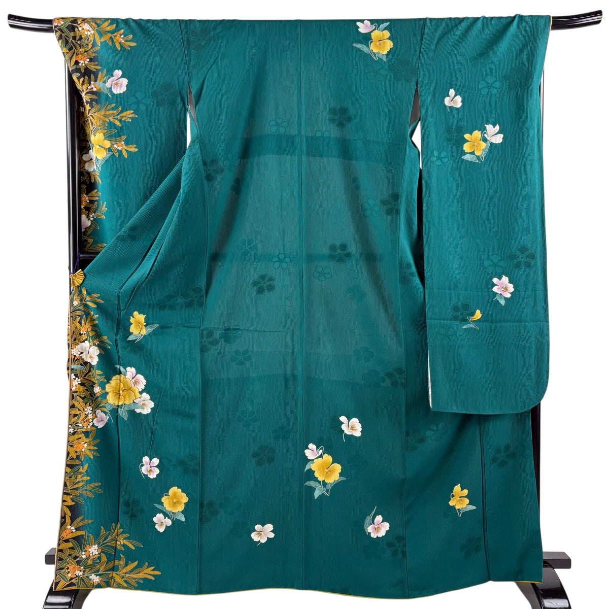 振袖 身丈167cm 裄丈69cm L 袷 草花 地紋 金糸 金彩 緑 正絹 秀品