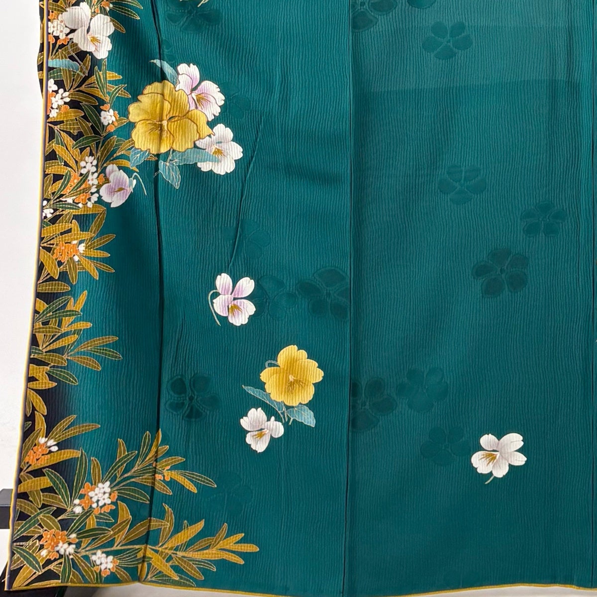 振袖 身丈167cm 裄丈69cm L 袷 草花 地紋 金糸 金彩 緑 正絹 秀品