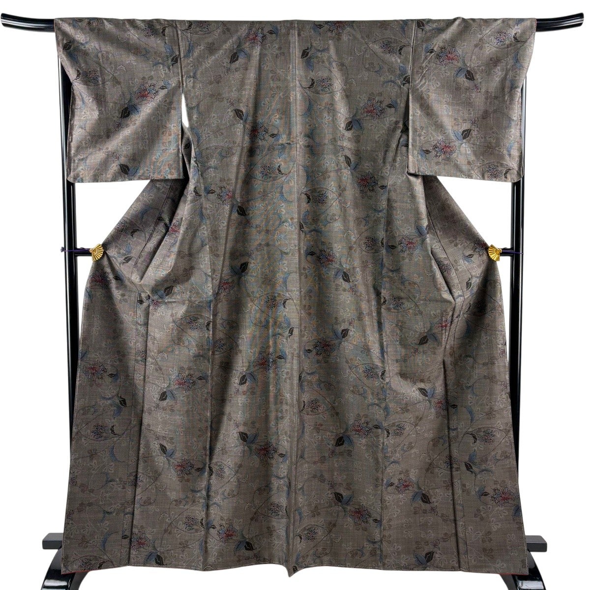 美品】 紬 身丈165.5cm 裄丈68cm L 袷 花唐草 焦茶色 正絹 秀品｜中古