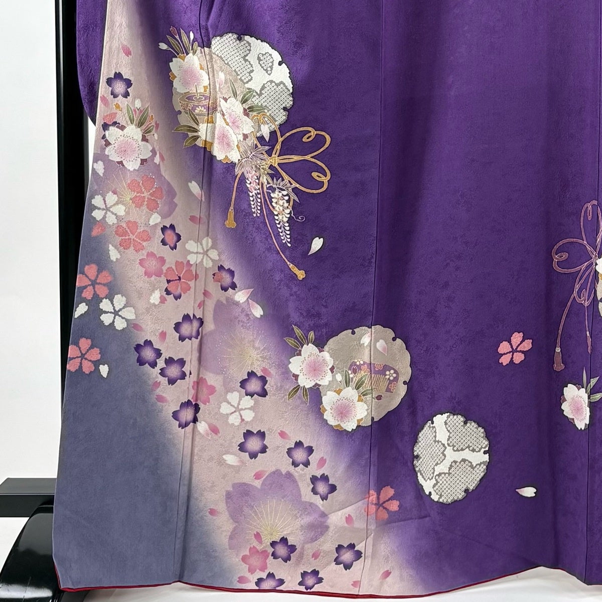 振袖 身丈167cm 裄丈66cm M 袷 雪輪 桜 箔 金彩 紫 正絹 秀品｜中古