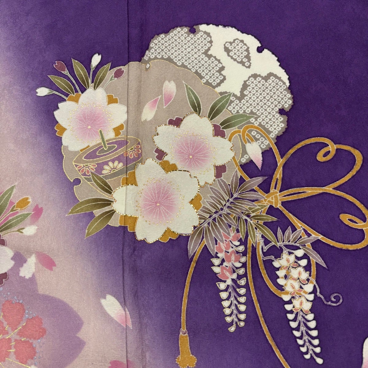 振袖 身丈167cm 裄丈66cm M 袷 雪輪 桜 箔 金彩 紫 正絹 秀品｜中古