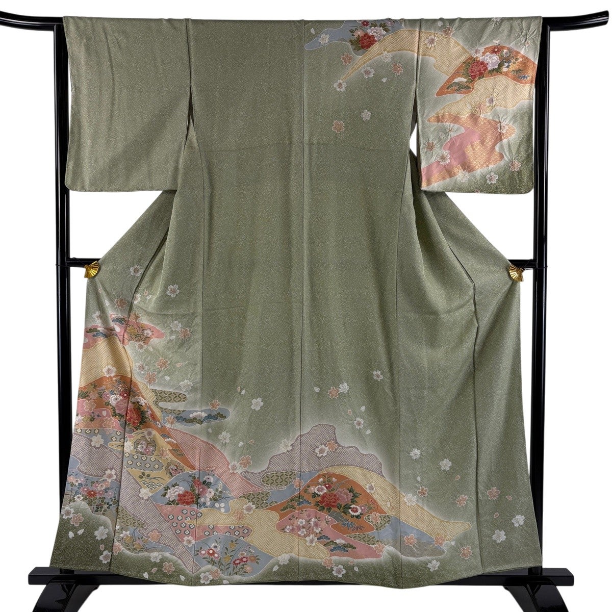 美品】 訪問着 身丈160.5cm 裄丈64cm M 袷 枝花 ぼかし 金彩 灰緑 正絹