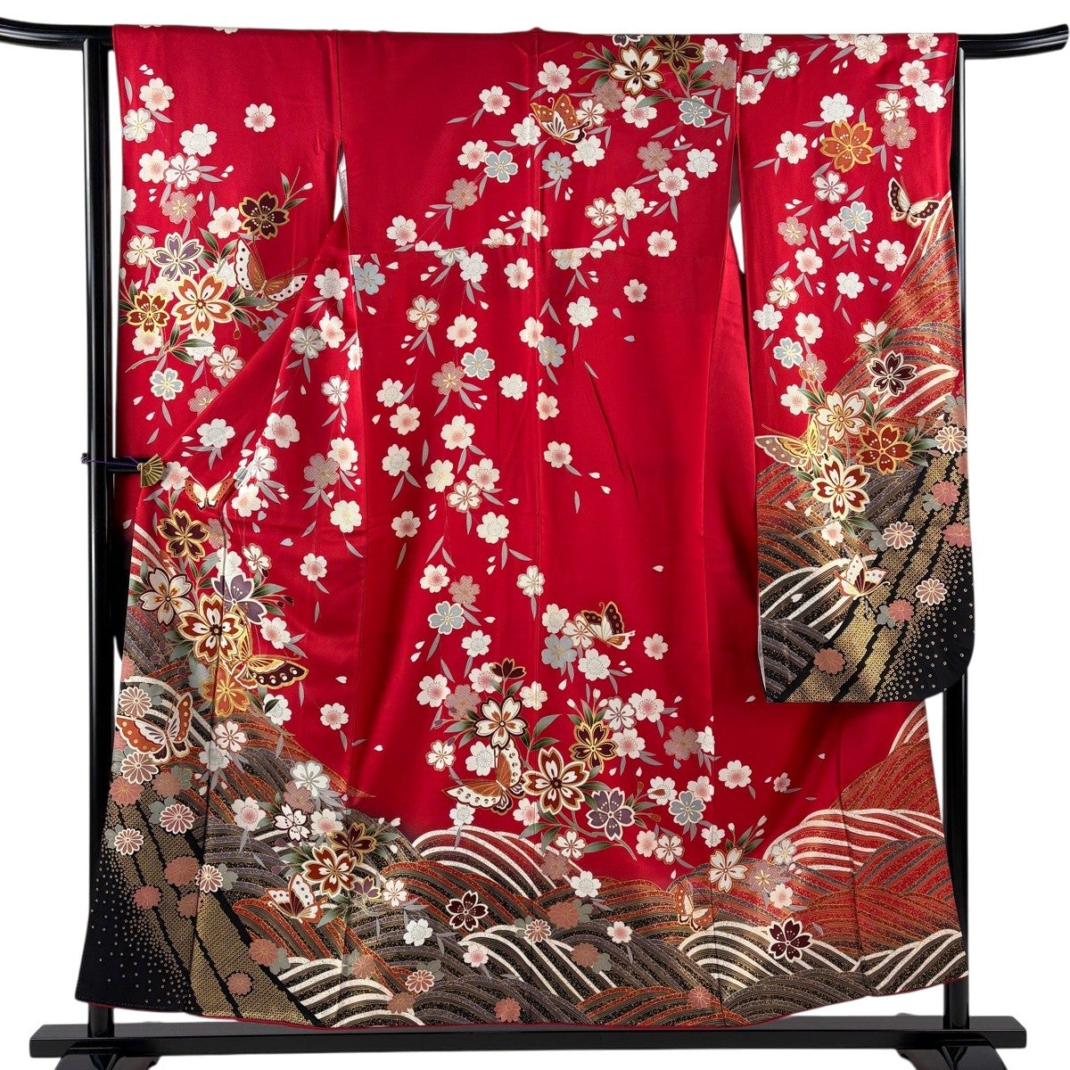 振袖 身丈154cm 裄丈63.5cm S 袷 桜 蝶 金糸 金彩 赤 正絹 秀品｜中古