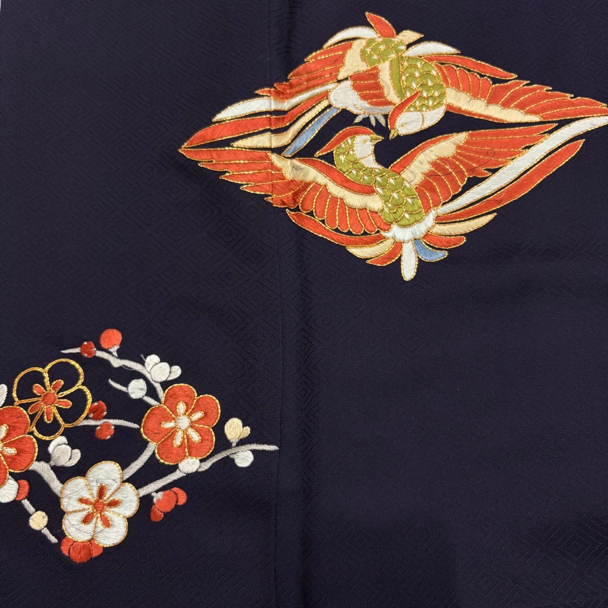 付下げ 身丈153.5cm 裄丈64cm M 袷 向かい鳥菱 枝梅 刺繍 金糸 濃紫