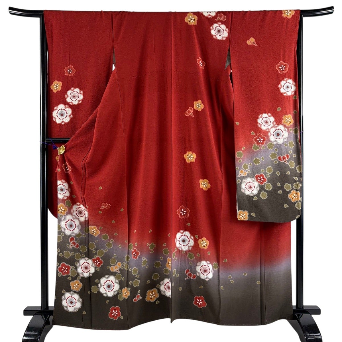振袖 身丈163cm 裄丈66cm M 袷 梅 桜 ぼかし 絞り 茜色 正絹 秀品