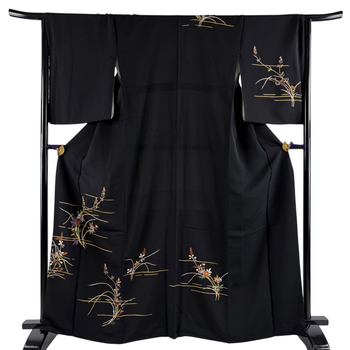 美品】 訪問着 身丈167cm 裄丈67cm M 袷 草花 霞 銀通し 金彩 黒 正絹