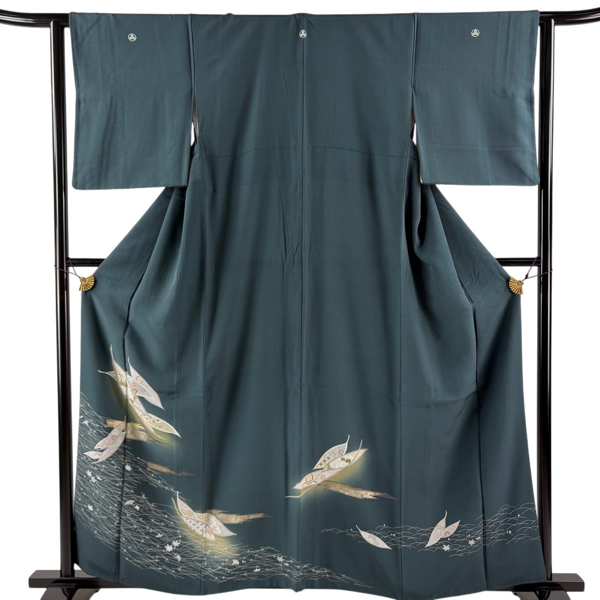 色留袖 身丈159cm 裄丈62.5cm S 袷 葉柄 霞 金彩 ぼかし 深緑 正絹 秀