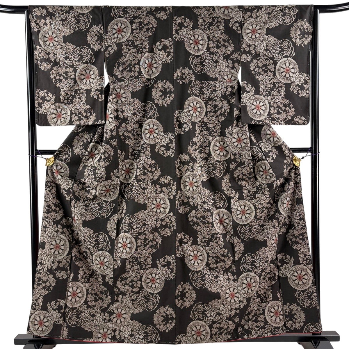 美品】 紬 身丈162.5cm 裄丈64cm M 袷 花唐草 雪輪 焦茶色 正絹 秀品