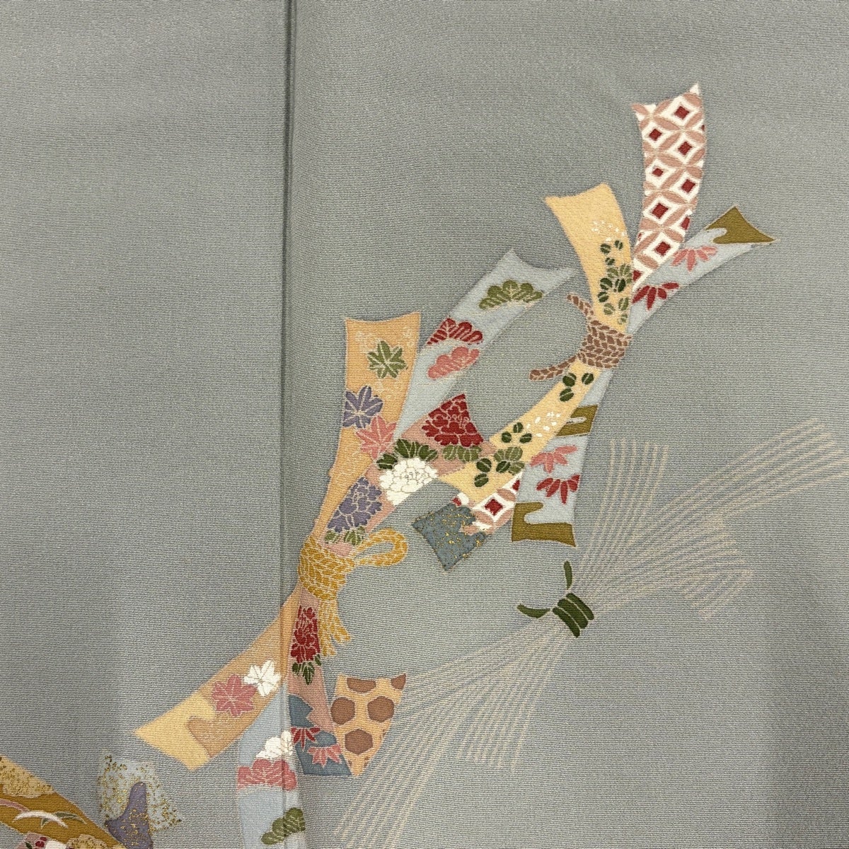 訪問着 身丈162cm 裄丈66.5cm M 袷 束ね熨斗 松竹梅 金彩 ぼかし 灰緑
