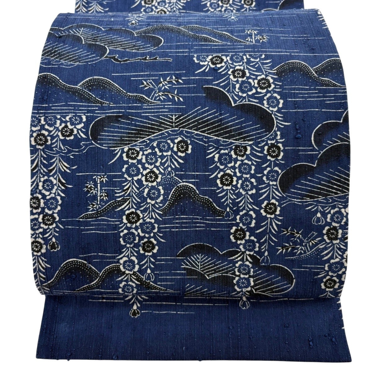 開き名古屋帯 逸品 浦野理一 松 枝垂れ桜 藍染 藍色 正絹｜中古・古着