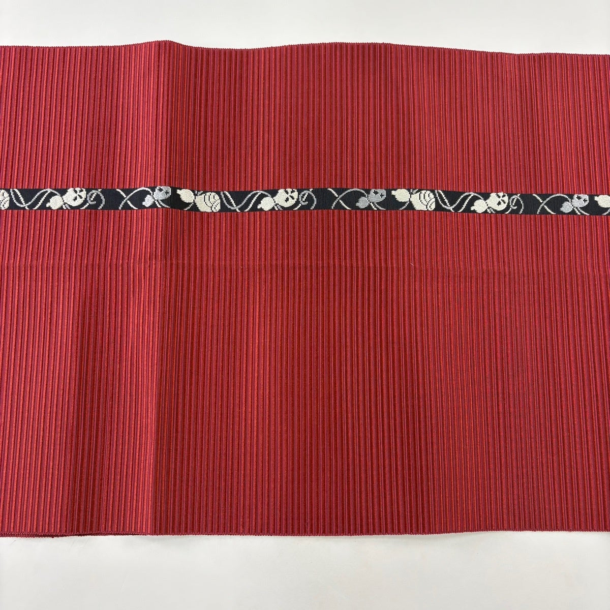 名古屋帯 秀品 八寸名古屋帯 松葉仕立て 瓢箪 縞 えんじ色 正絹｜中古
