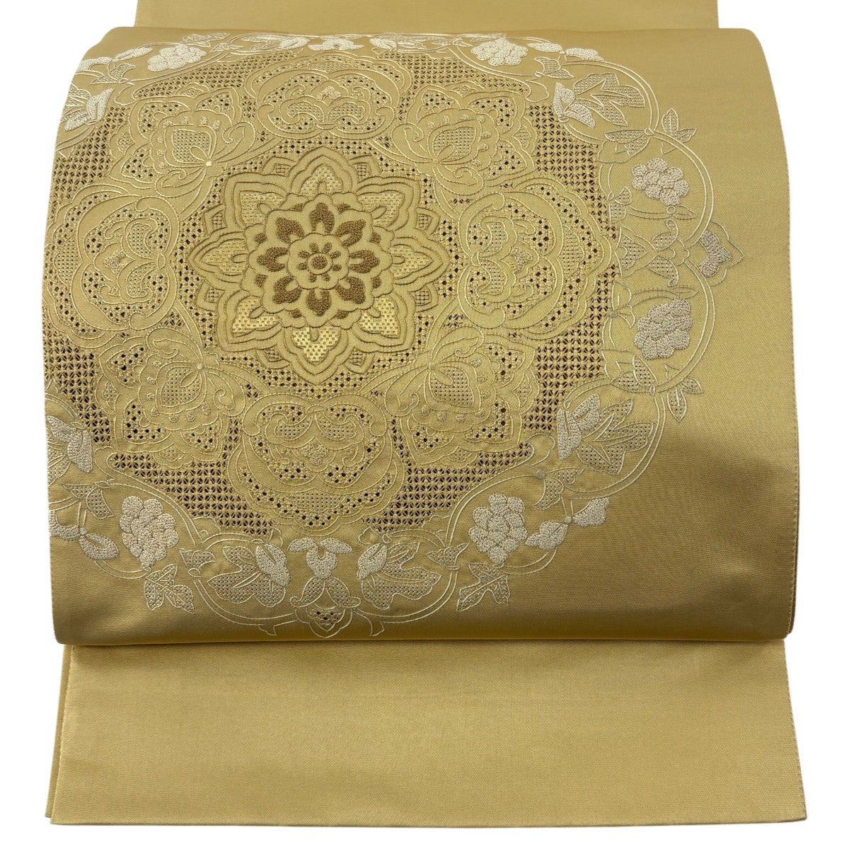 美品】 袋帯 秀品 華文 刺繍 薄黄土色 お太鼓柄 正絹｜中古・古着