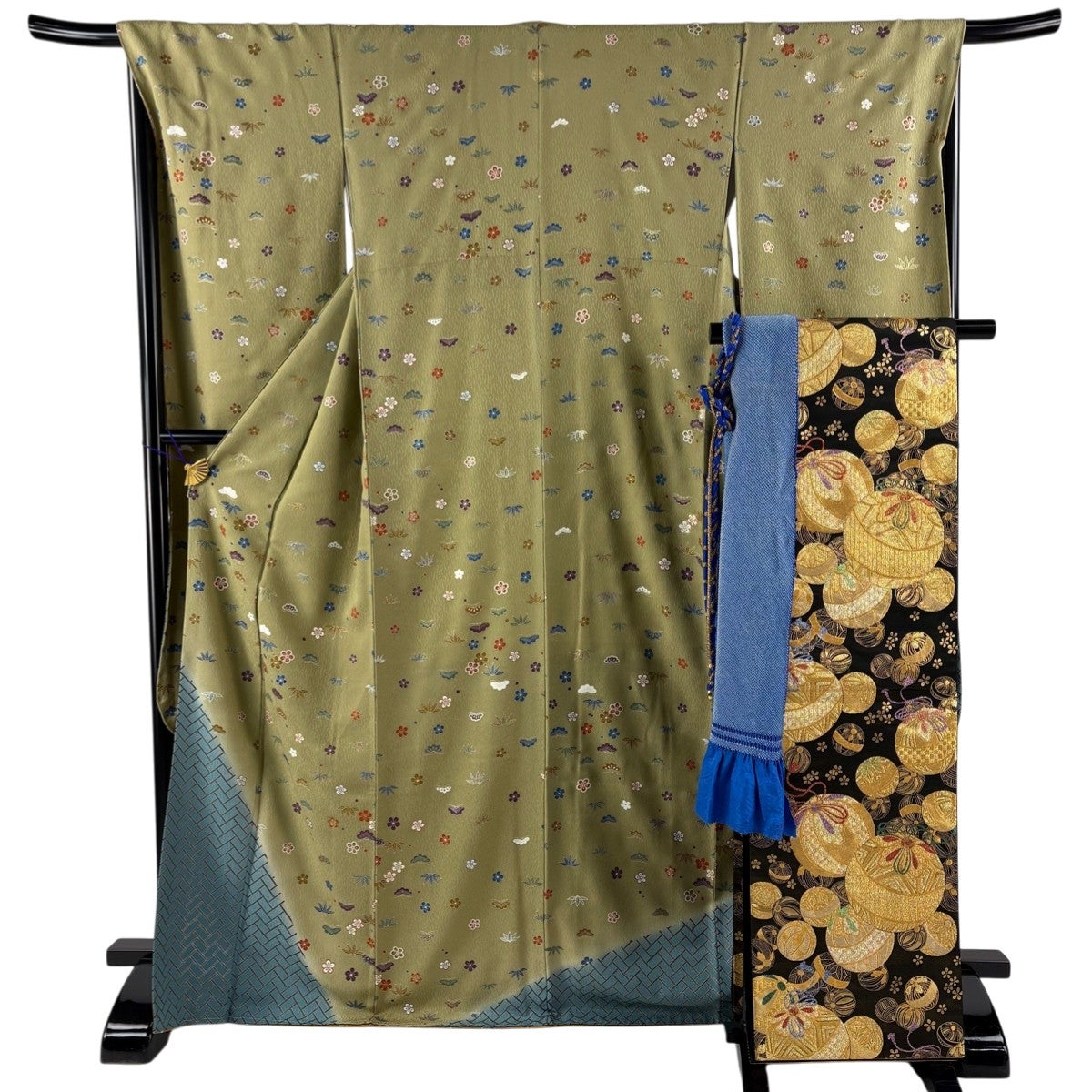 美品】 振袖 身丈166cm 裄丈68.5cm L 袷 袋帯フルセット 桜 霞 箔 金彩