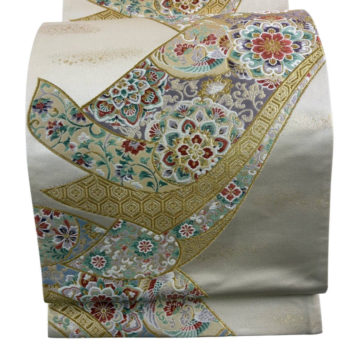 袋帯 秀品 華文 花鳥 金糸 箔 ベージュ 六通 正絹｜中古・古着