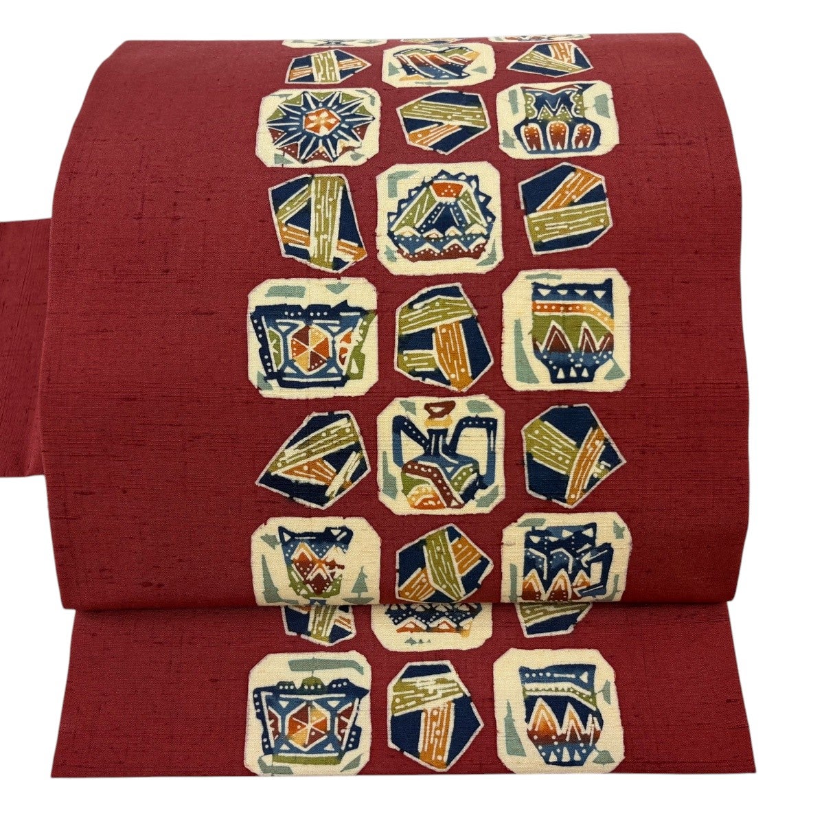 美品】 名古屋帯 秀品 落款あり 器物柄 壺 紬地 茜色 正絹｜中古・古着