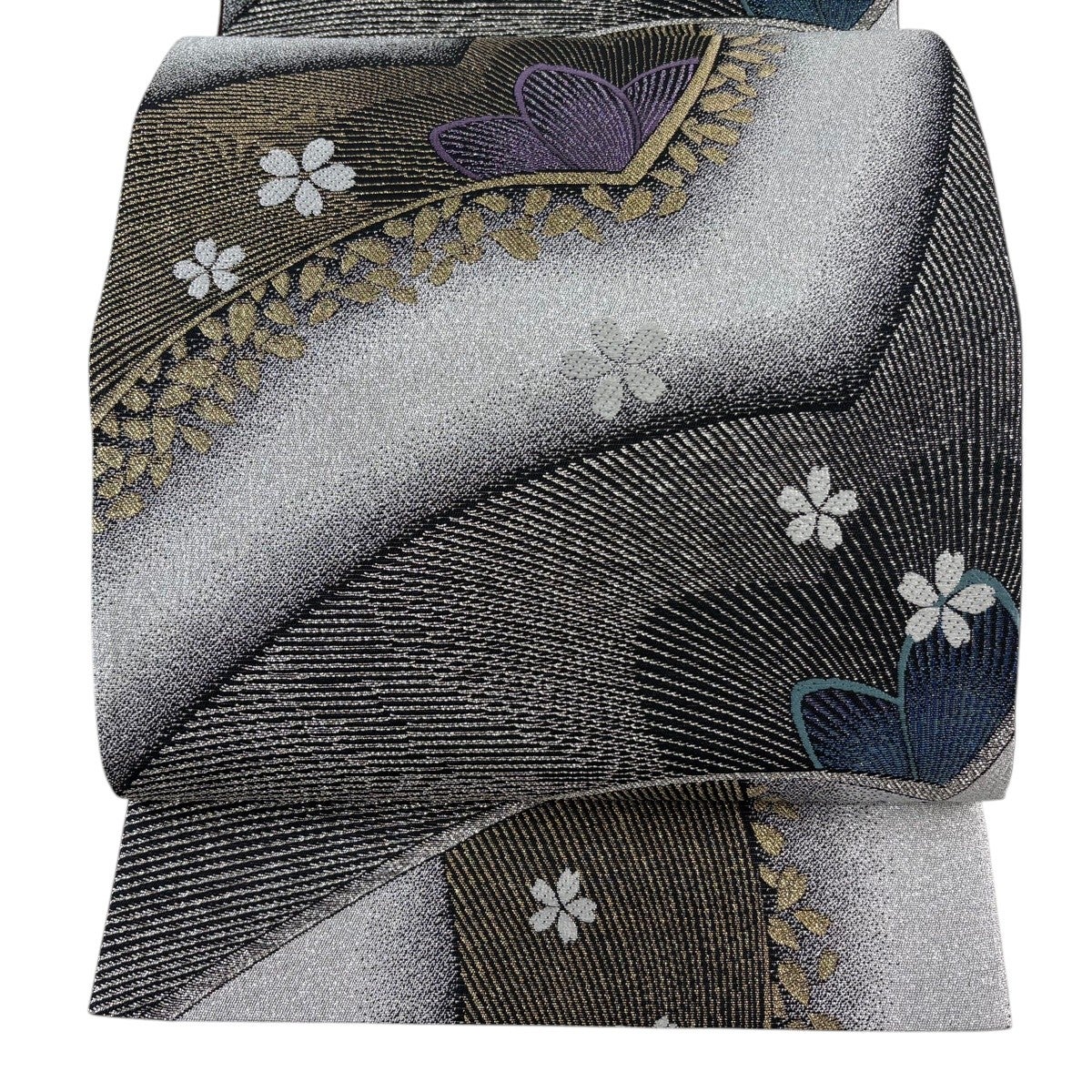 袋帯 秀品 振袖向き 桜 幾何学模様 箔 銀色 六通 正絹｜中古・古着
