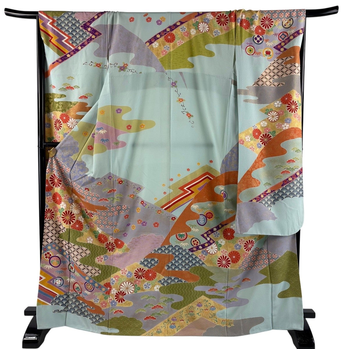 振袖 身丈169cm 裄丈68cm L 袷 菊 有職文様 金糸 金彩 水色 正絹 秀品