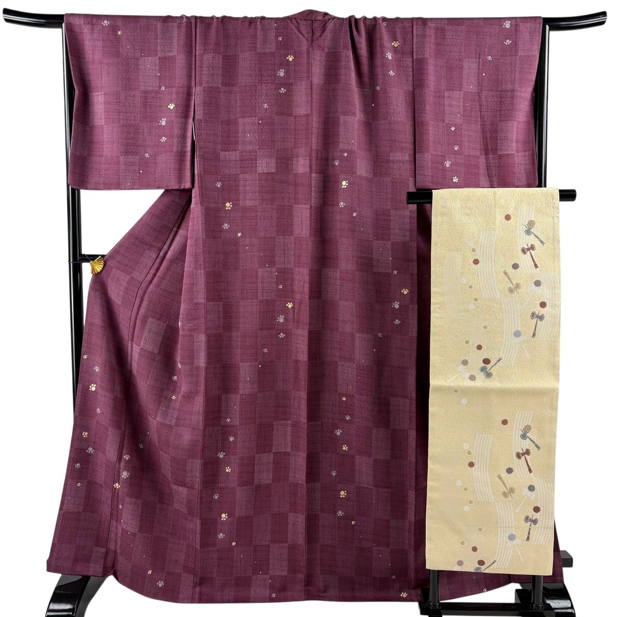 美品】 小紋 身丈167.5cm 裄丈69cm L 袷 名古屋帯セット 紬地 肉球