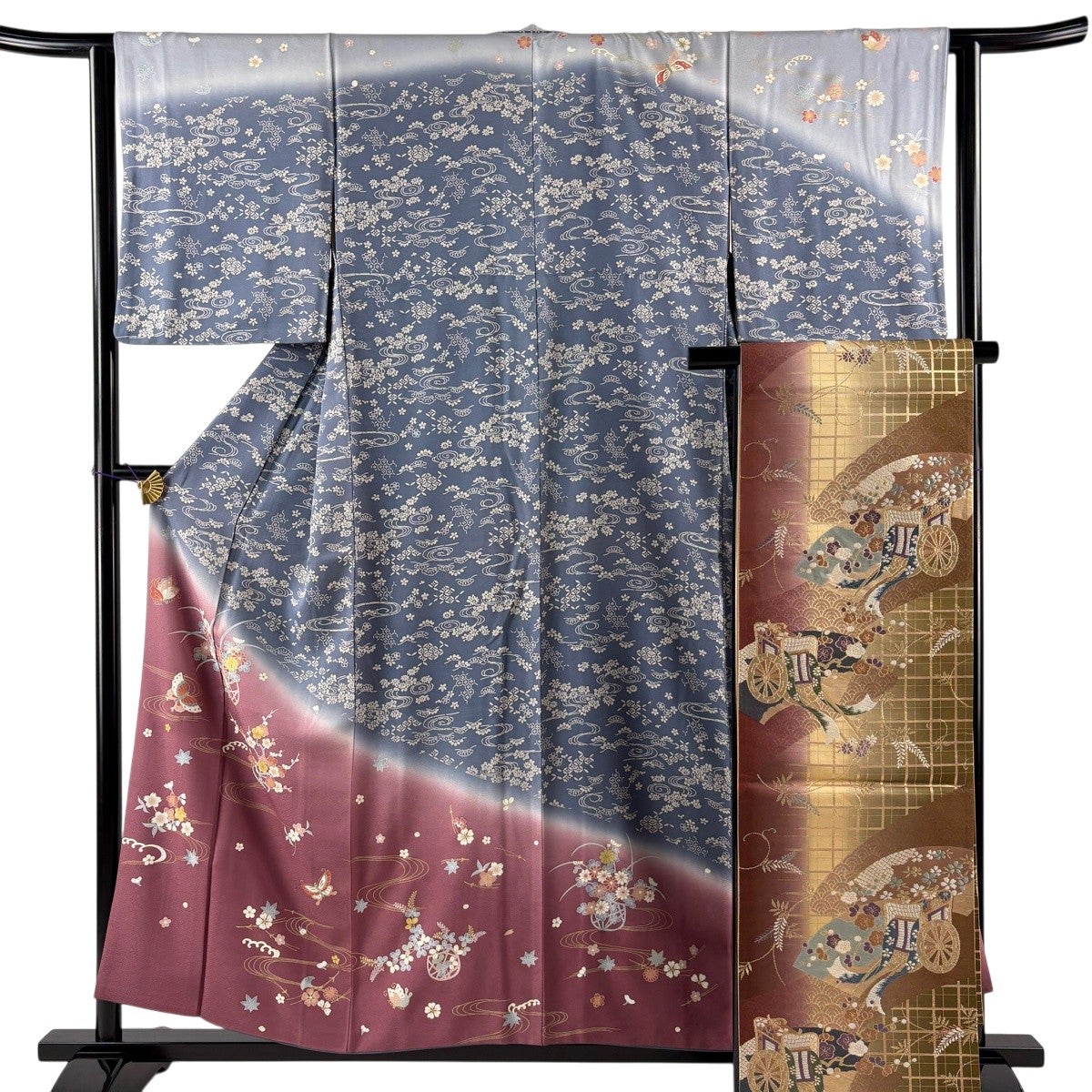 訪問着 身丈155cm 裄丈63cm S 袷 袋帯セット 花籠 蝶 金彩 染め分け 青