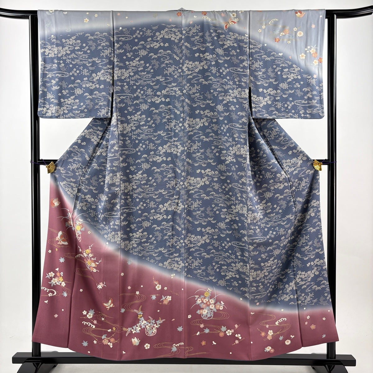 訪問着 身丈155cm 裄丈63cm S 袷 袋帯セット 花籠 蝶 金彩 染め分け 青
