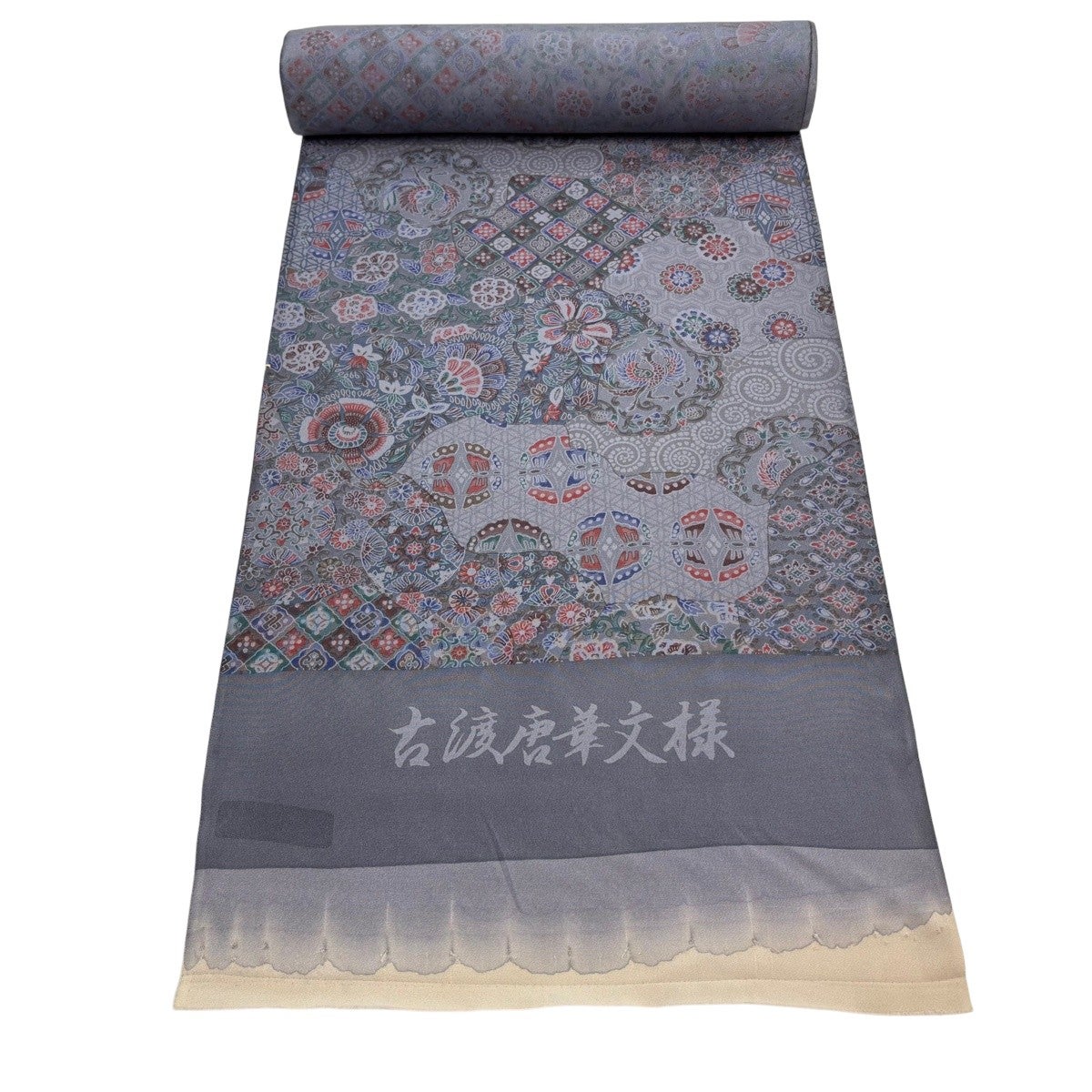 反物 優品 羽尺 羽織 和装コート 古渡唐華文様 蝶 灰紫 正絹｜中古