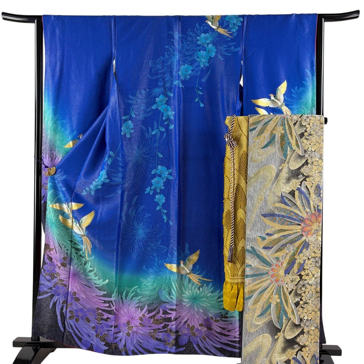 振袖 身丈160.5cm 裄丈63.5cm S 袷 袋帯フルセット 尾長鳥 菊 金銀彩