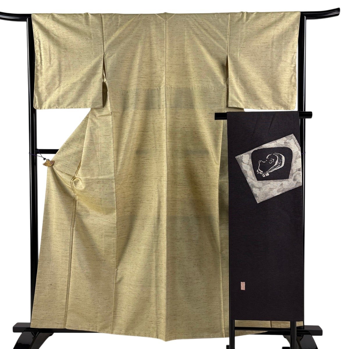 美品】 紬 身丈164cm 裄丈64cm M 袷 名古屋帯セット 麻の葉 縦縞 紺色