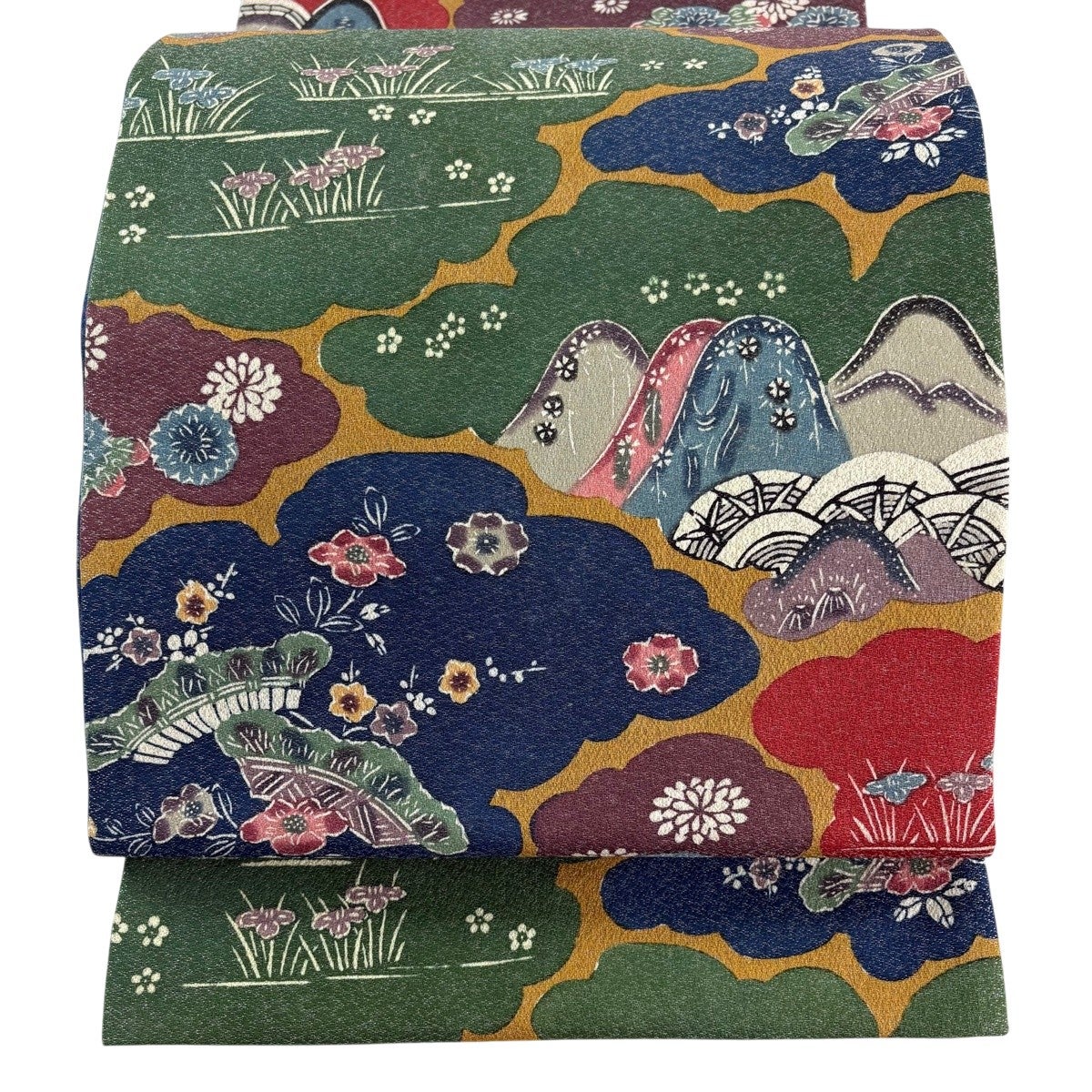 美品】 袋帯 名品 雲文 草花 銀通し 山吹茶色 全通 正絹｜中古・古着
