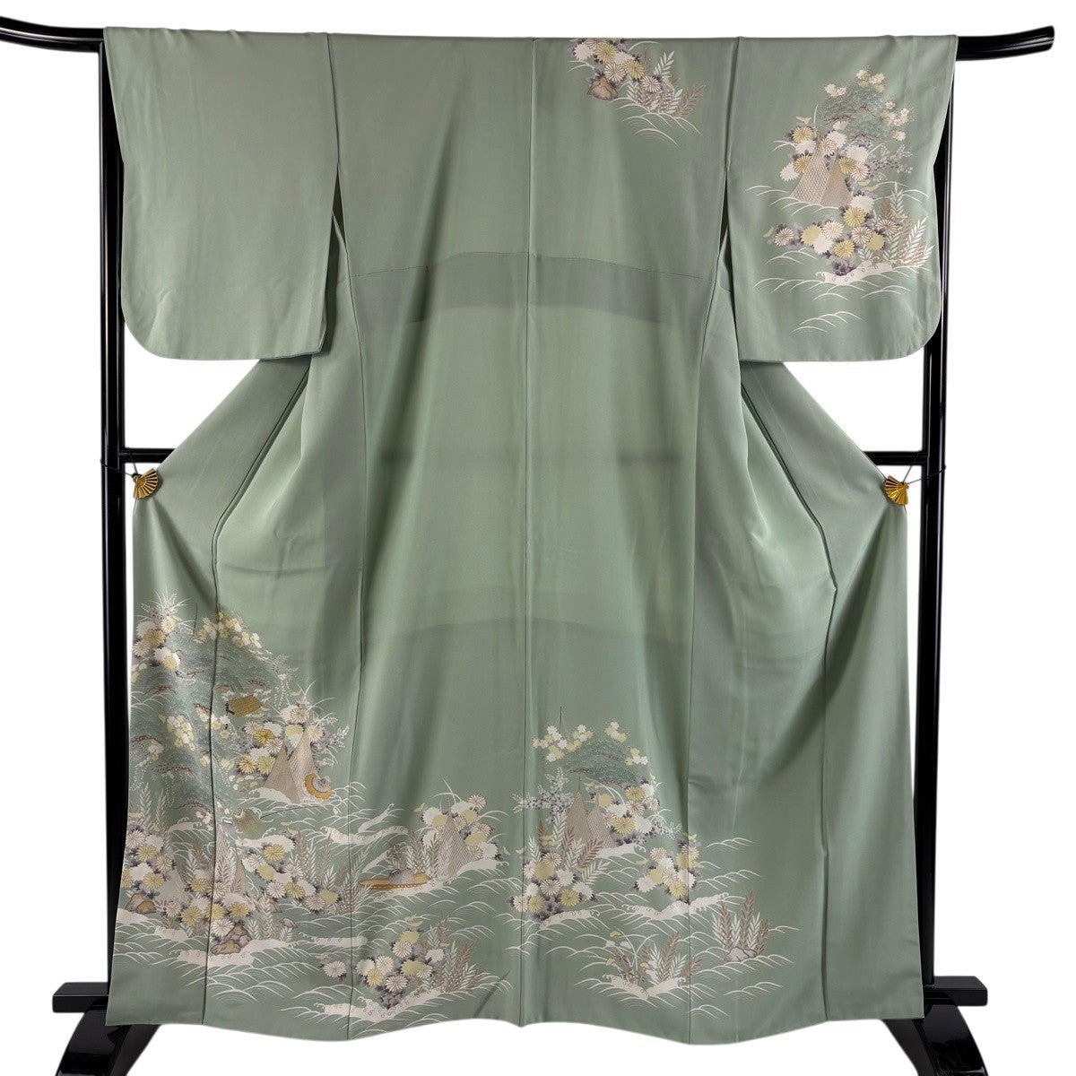 訪問着 身丈161cm 裄丈67cm M 袷 網干 菊 金糸 金彩 薄緑 正絹 秀品
