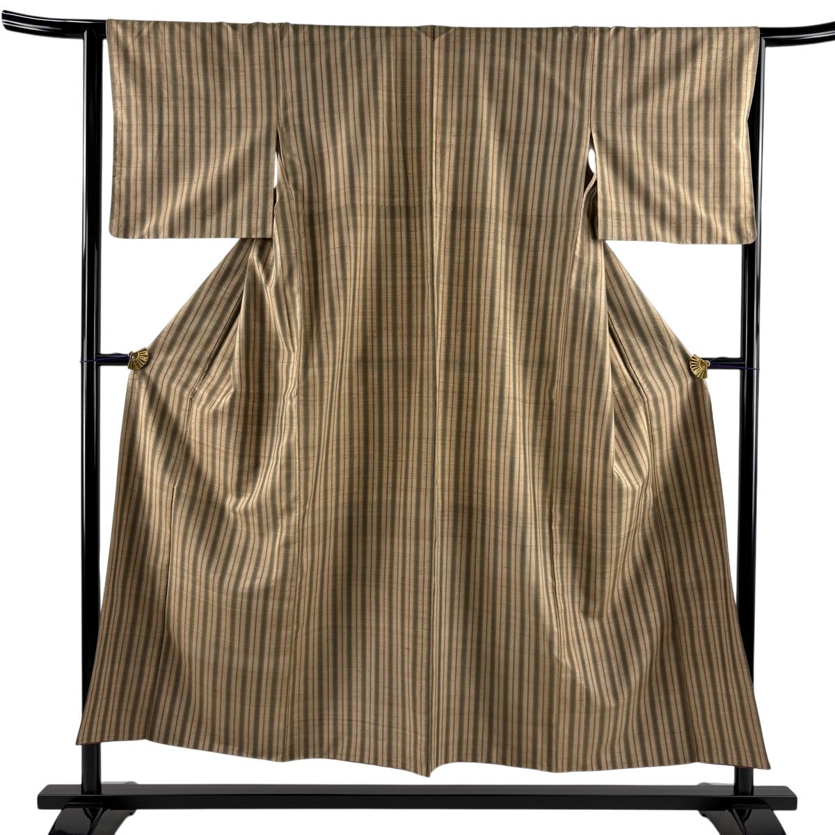 紬 身丈151.5cm 裄丈64cm M 袷 縦縞 薄茶色 正絹 名品｜中古・古着