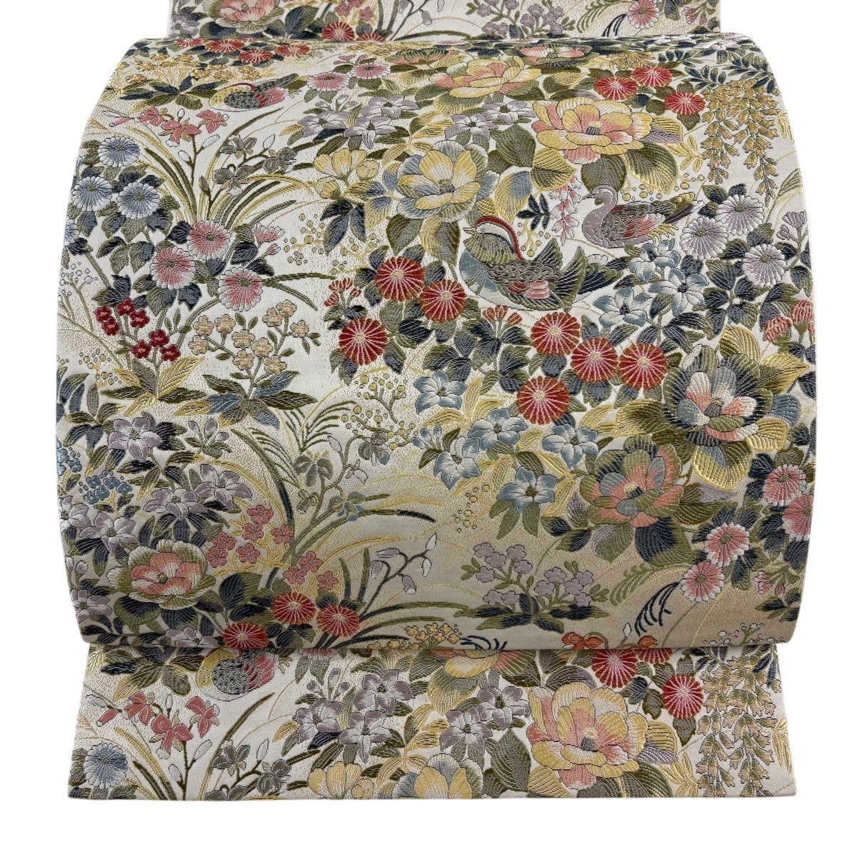 美品】 袋帯 名品 趣苑麗鳥文 花鳥 金糸 ベージュ 六通 正絹｜中古