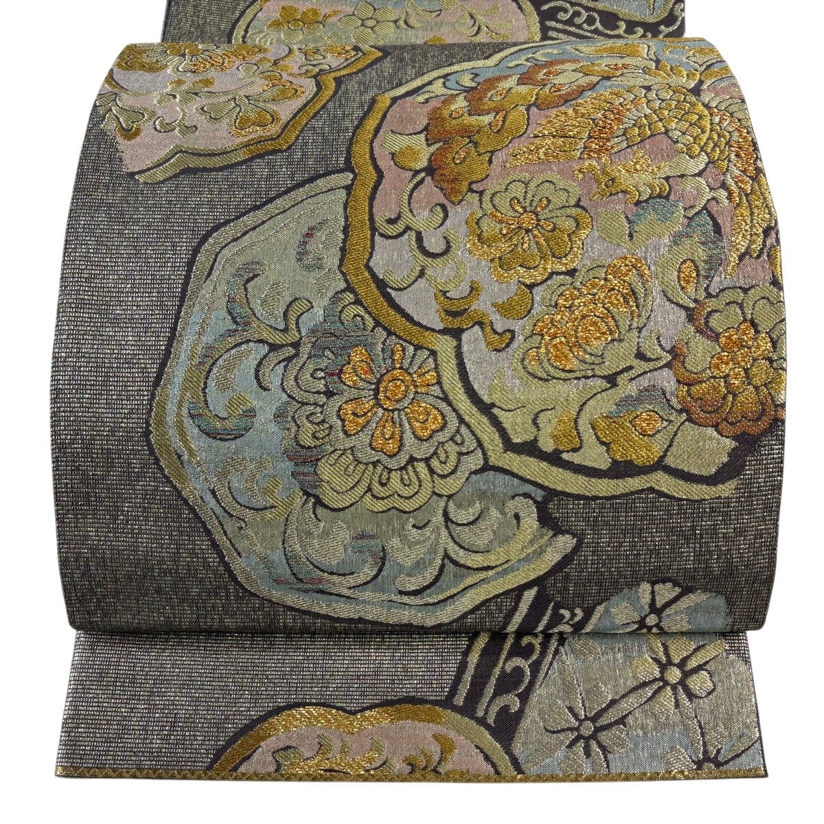 美品】 袋帯 名品 瑞鳳鏡華文 鳳凰 草花 金糸 箔 金色 六通 正絹｜中古