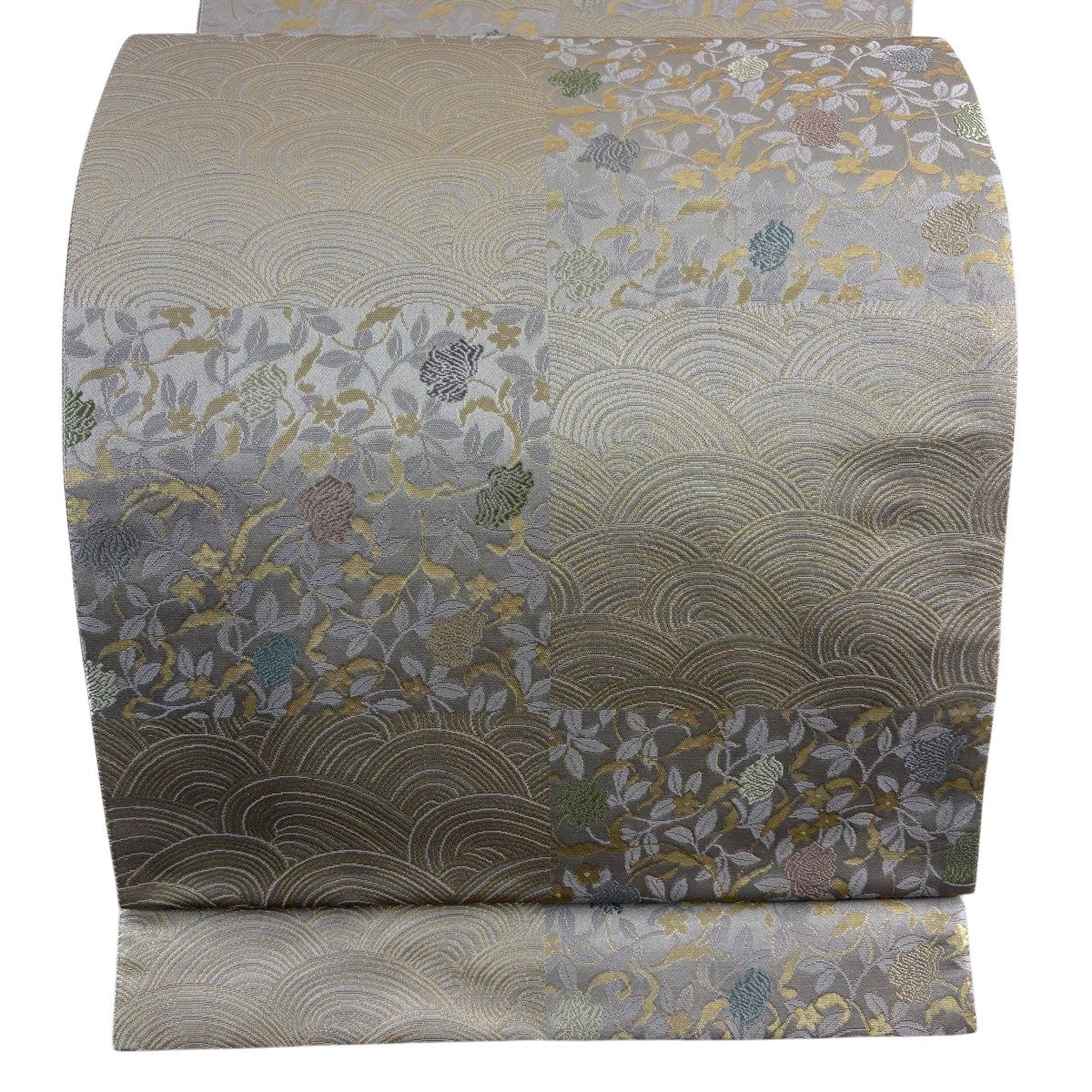 美品】 袋帯 名品 箔屋清兵衛 落款あり 草木染 草花 波 箔 灰茶 六通