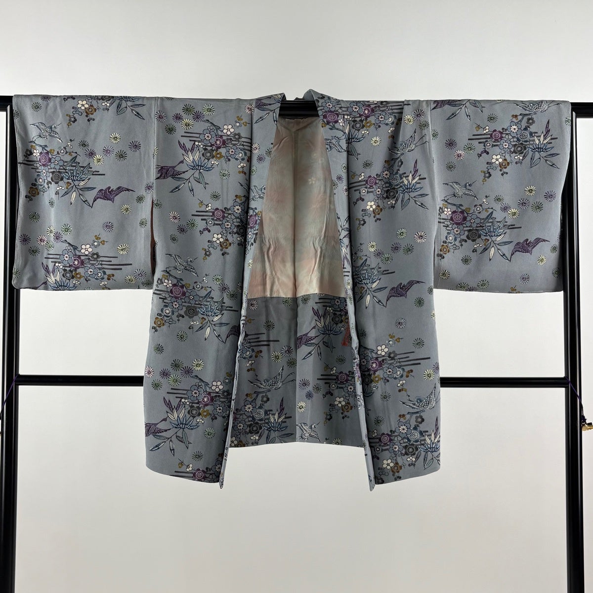 羽織 身丈84cm 裄丈66cm M 鳥 松竹梅 縮緬 灰色 正絹 秀品｜中古・古着