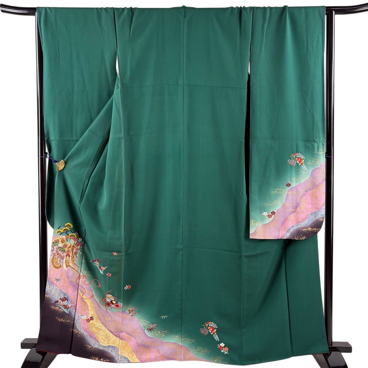 振袖 緑 身丈162cm 裄丈64cm フルセット 振袖 身丈164cm 裄丈66cm M 袷 御所車 桜 刺繍 金彩 緑 正絹 秀品