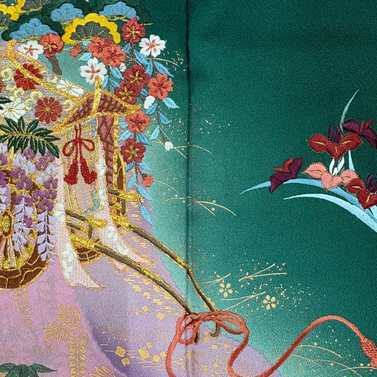 振袖 身丈164cm 裄丈66cm M 袷 御所車 桜 刺繍 金彩 緑 正絹 秀品