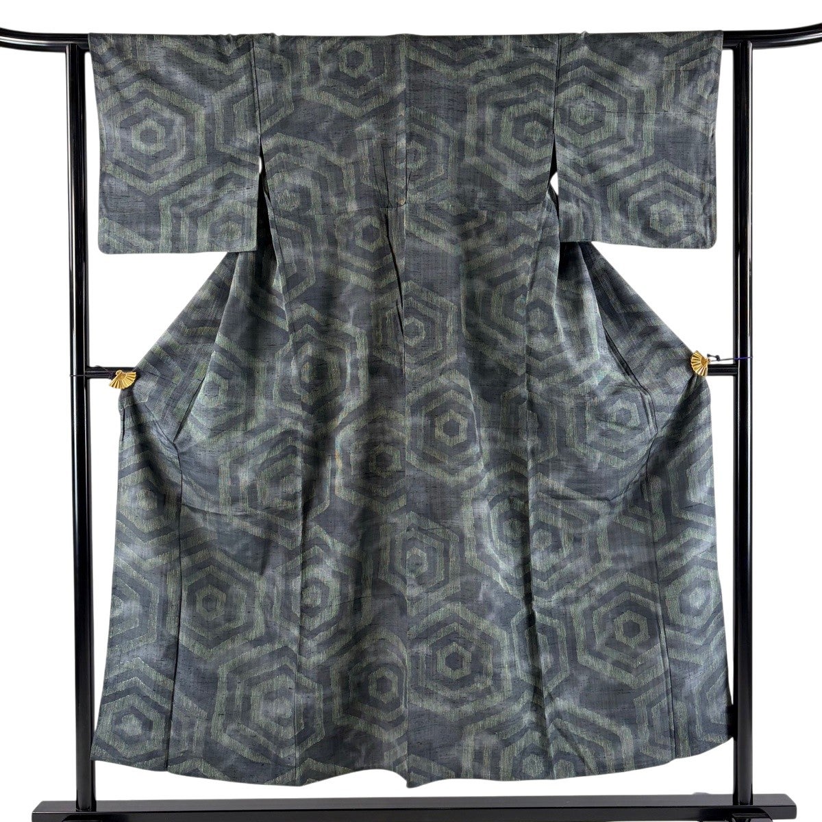 小紋 身丈150cm 裄丈62cm S 単衣 紬地 亀甲 墨色 正絹 秀品｜中古