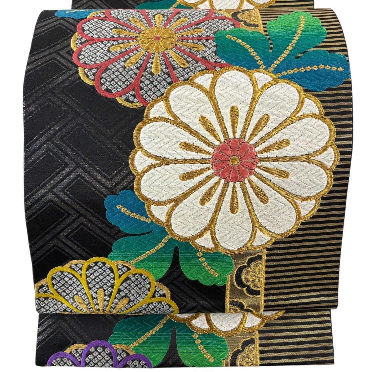 美品】 袋帯 秀品 じゅらく 落款あり 幾何学模様 箔 紺色 六通 正絹